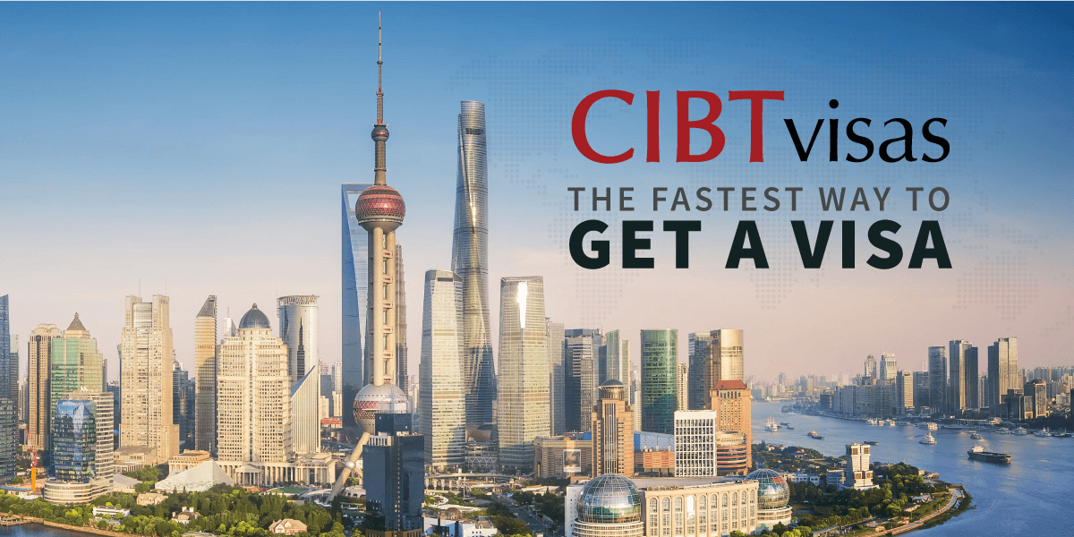 Shanghai skyline with CIBTvisas visa service advertisement