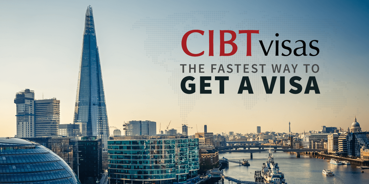 London skyline with The Shard and visa advertisement
