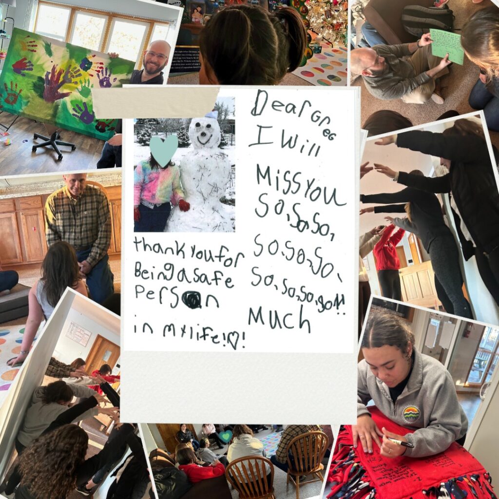 Collage of children doing crafts and activities indoors.