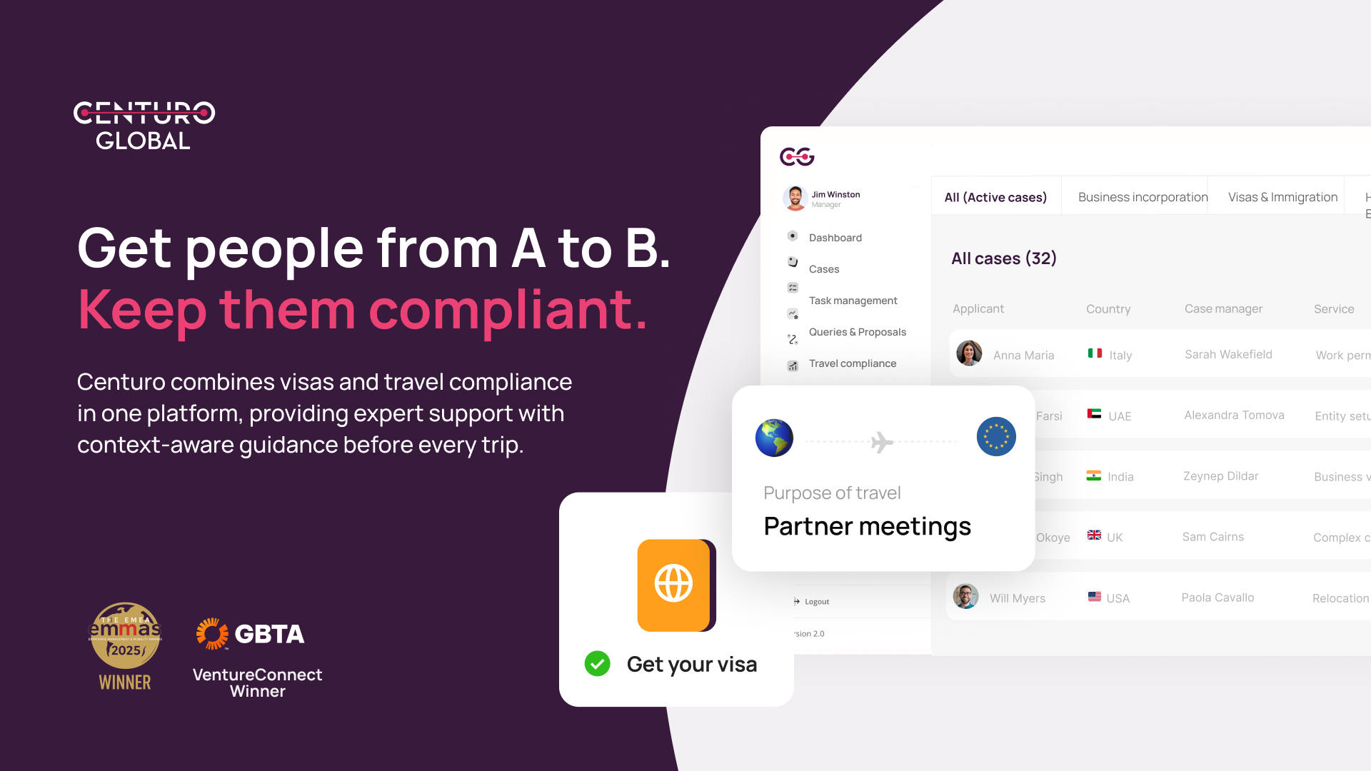 Centuro Global travel compliance platform dashboard advertisement