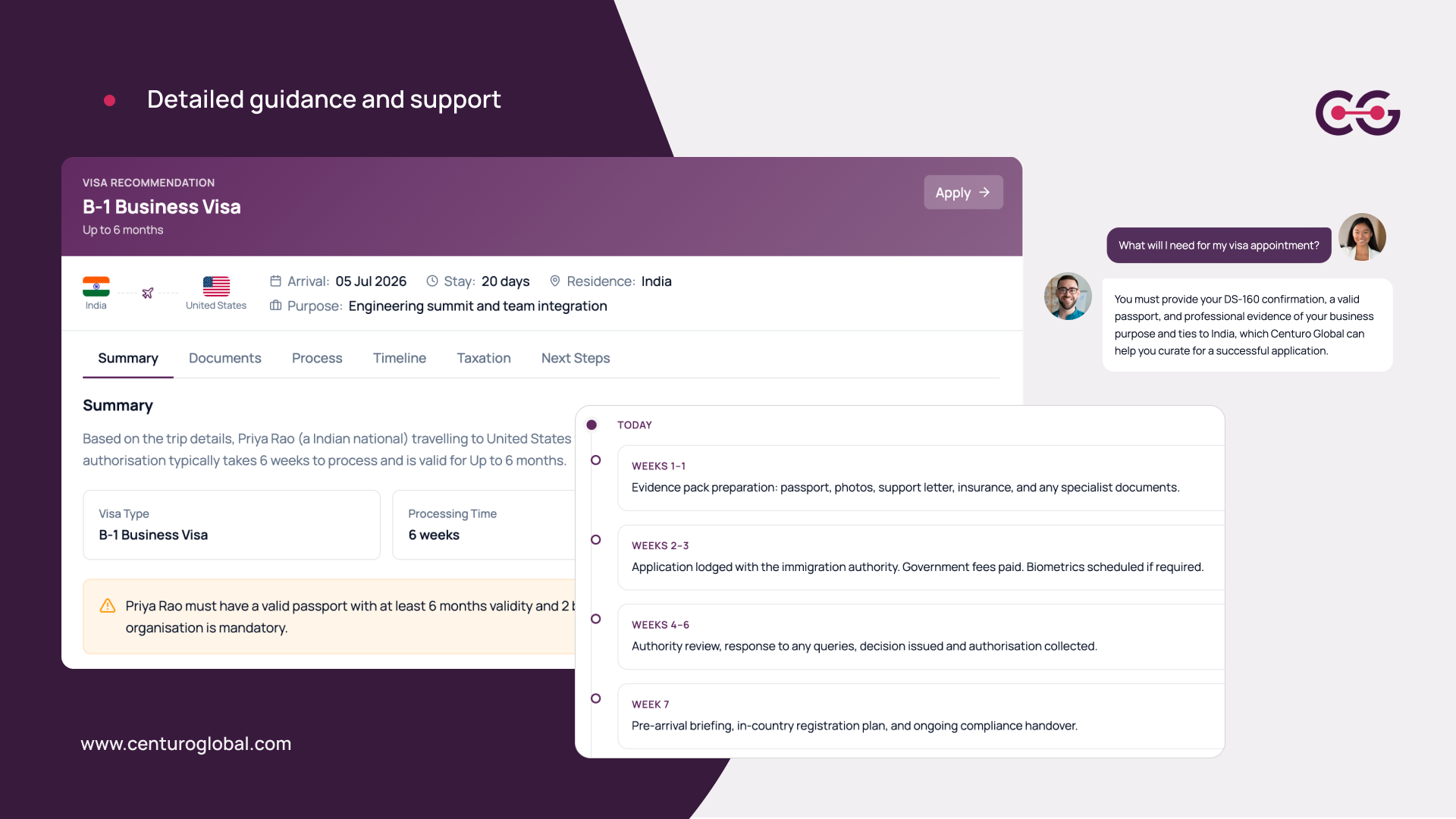 B-1 business visa guidance dashboard with application timeline