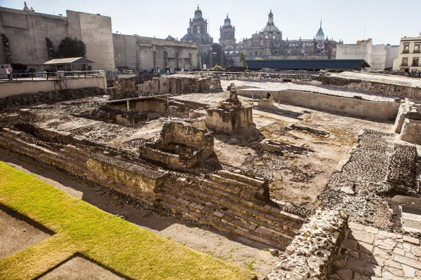 Ancient Templo Mayor ruins beside Mexico City Metropolitan Cathedral