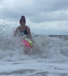 BCD's Claire Stephens navigates choppy water and splashing waves while training for her 2-mile open water sea swim along the UK coastline – from Lyme Regis to Charmouth.