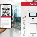 Smartphone with QR code next to AVIS kiosk.