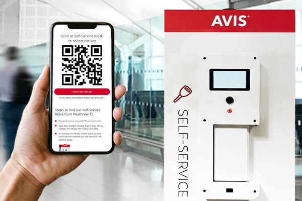 Smartphone with QR code next to AVIS kiosk.