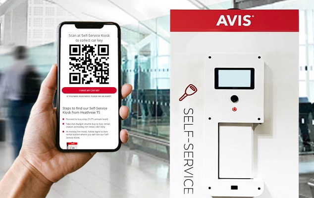 Smartphone with QR code next to AVIS kiosk.