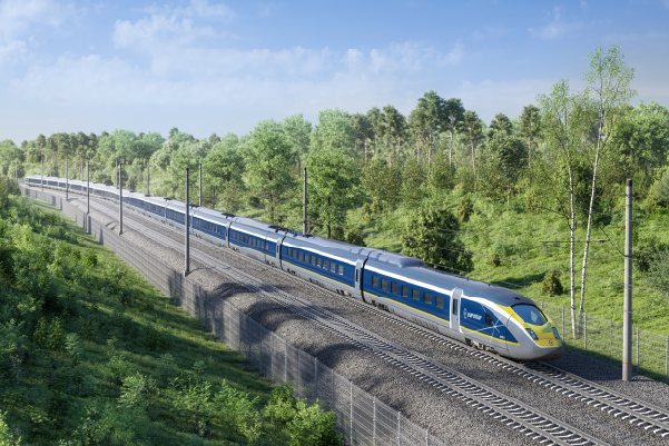 Blue high-speed train traveling through a green forest