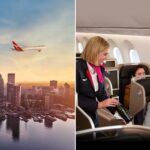 Airplane flying over city; inflight service in cabin.