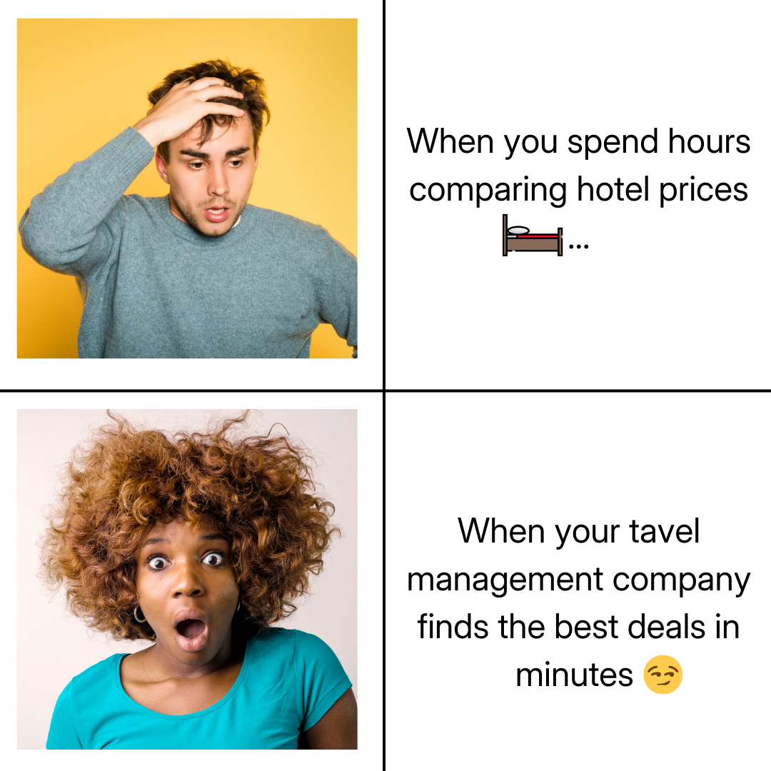 Man stressed, woman surprised at travel deals.
