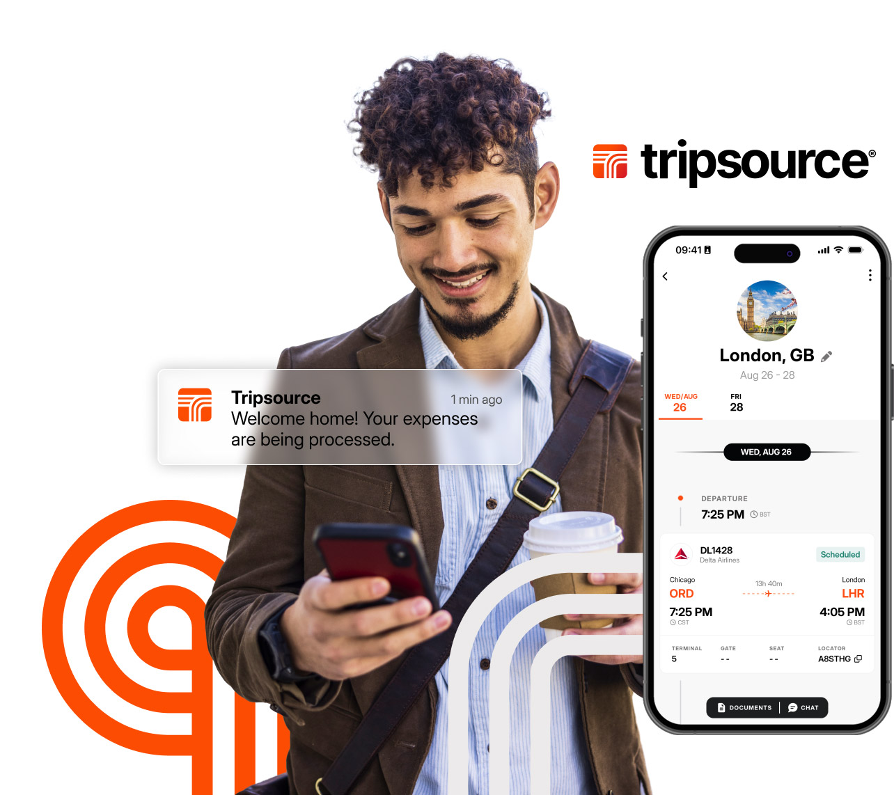 Man checking travel app with coffee in hand