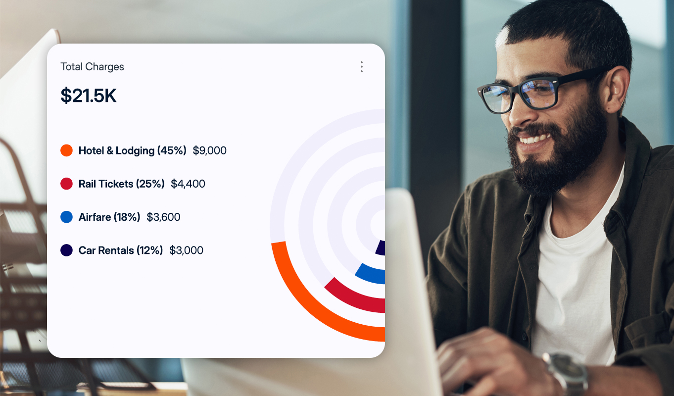 Man reviewing travel expense breakdown on laptop
