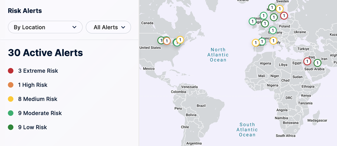 Global risk alerts dashboard with map markers
