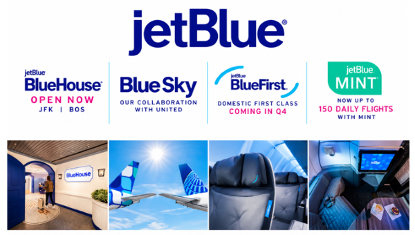 JetBlue announcements featuring BlueHouse, BlueSky, BlueFirst, and Mint services