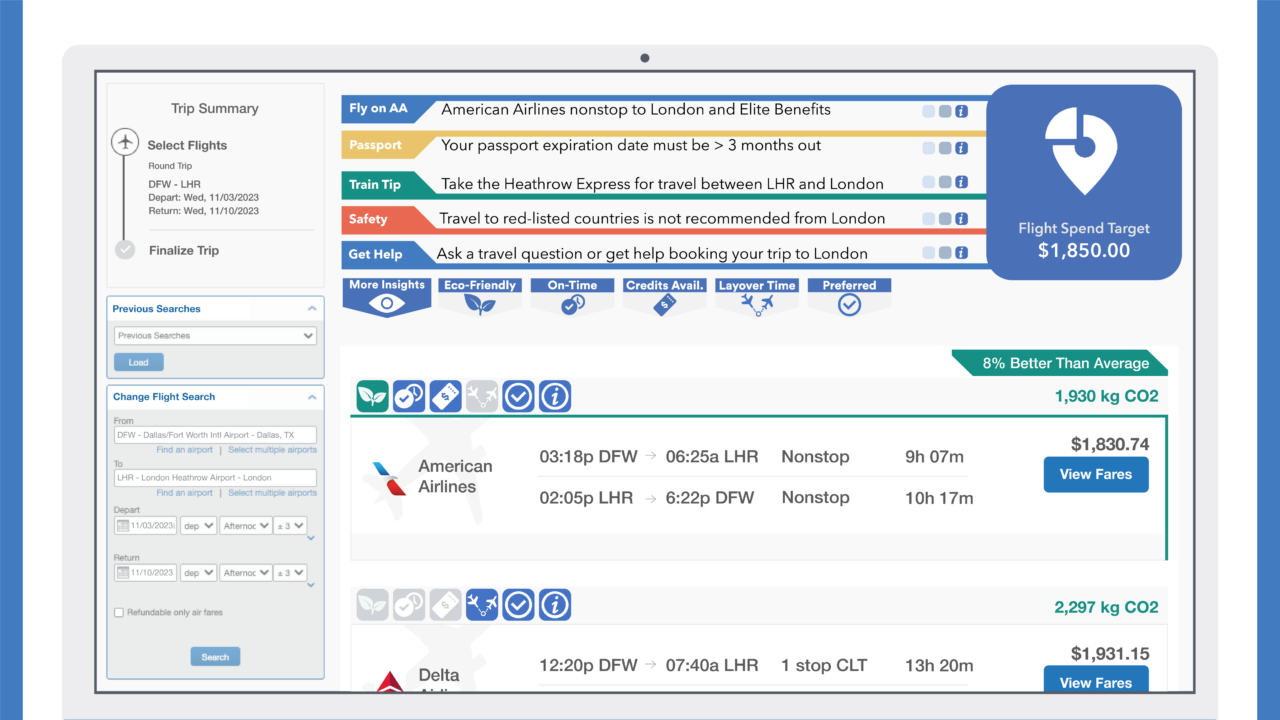 Airline booking interface showing flights to London