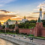 Kremlin skyline at sunset over river