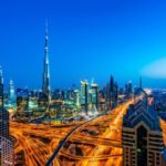 Dubai skyline with Burj Khalifa at night