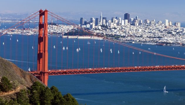 Golden Gate Bridge overlooking San Francisco bay.
