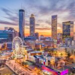 Atlanta skyline with sunset and Ferris wheel