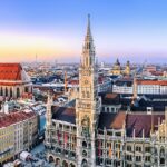 Munich skyline with historic buildings at sunset.