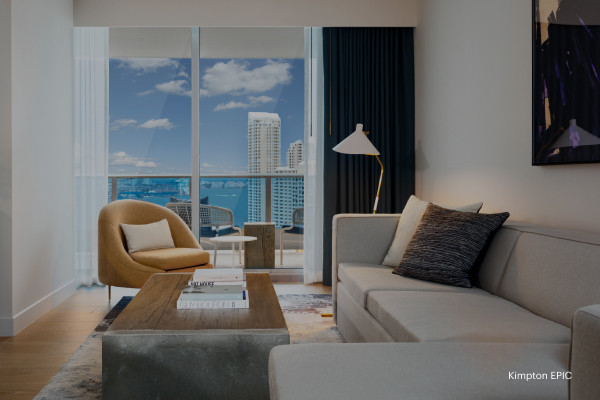 Modern living room with oceanfront city view