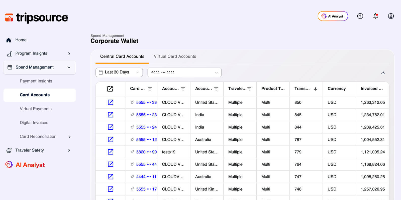 TripSource corporate wallet dashboard with card accounts table