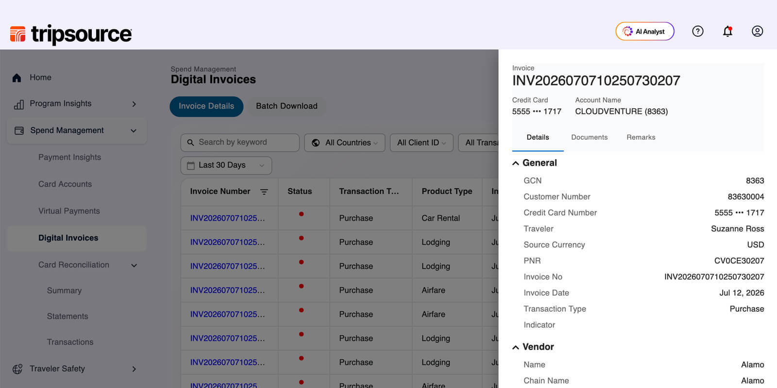 Tripsource digital invoices dashboard with invoice details panel