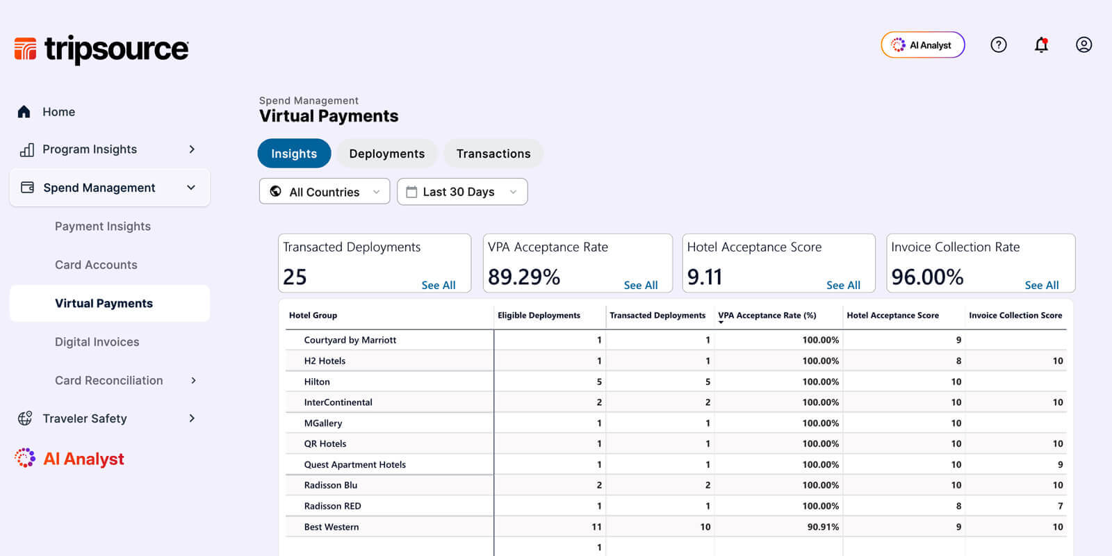 TripSource virtual payments analytics dashboard overview