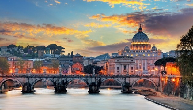 St. Peter's Basilica and bridge at sunset, Rome