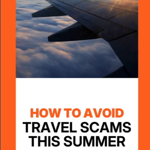 Airplane wing above clouds, travel scam warning.