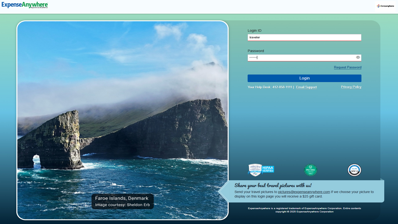 ExpenseAnywhere login page with Faroe Islands cliffs
