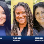 Three smiling women, outdoor portraits with names displayed.