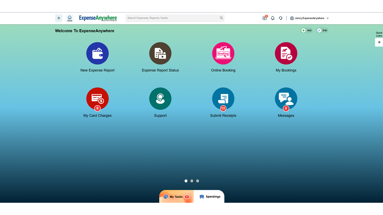 ExpenseAnywhere dashboard with expense and booking options
