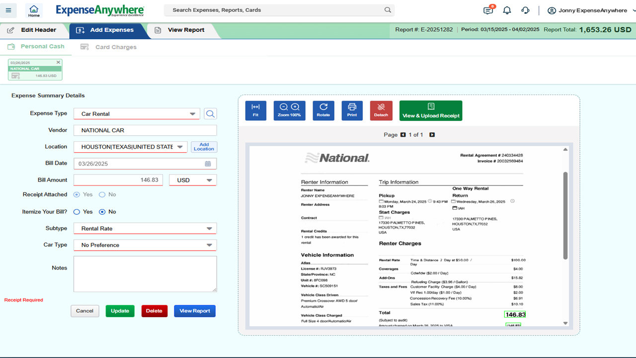ExpenseAnywhere car rental expense entry screen