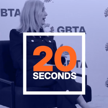 Person speaking at GBTA event, 20 seconds displayed.