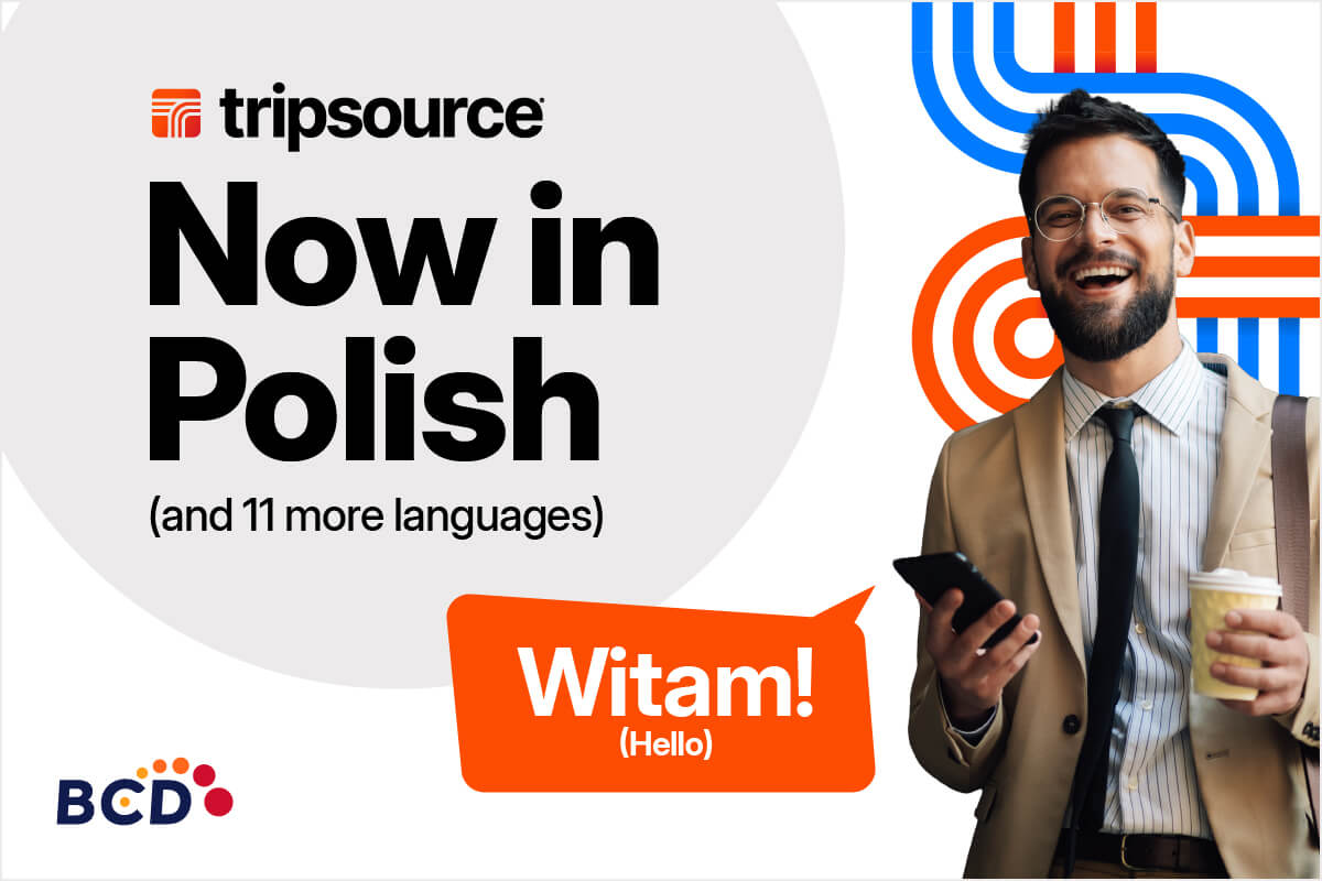 TripSource announces Polish language support with smiling business traveler