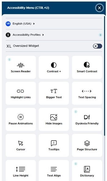 Imagen de un pantallazo del widget de accesibilidad de TripSource, que muestra los íconos y sus funcionalidades.