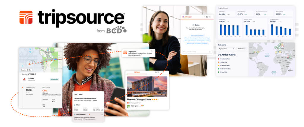 TripSource travel management app interface and traveler