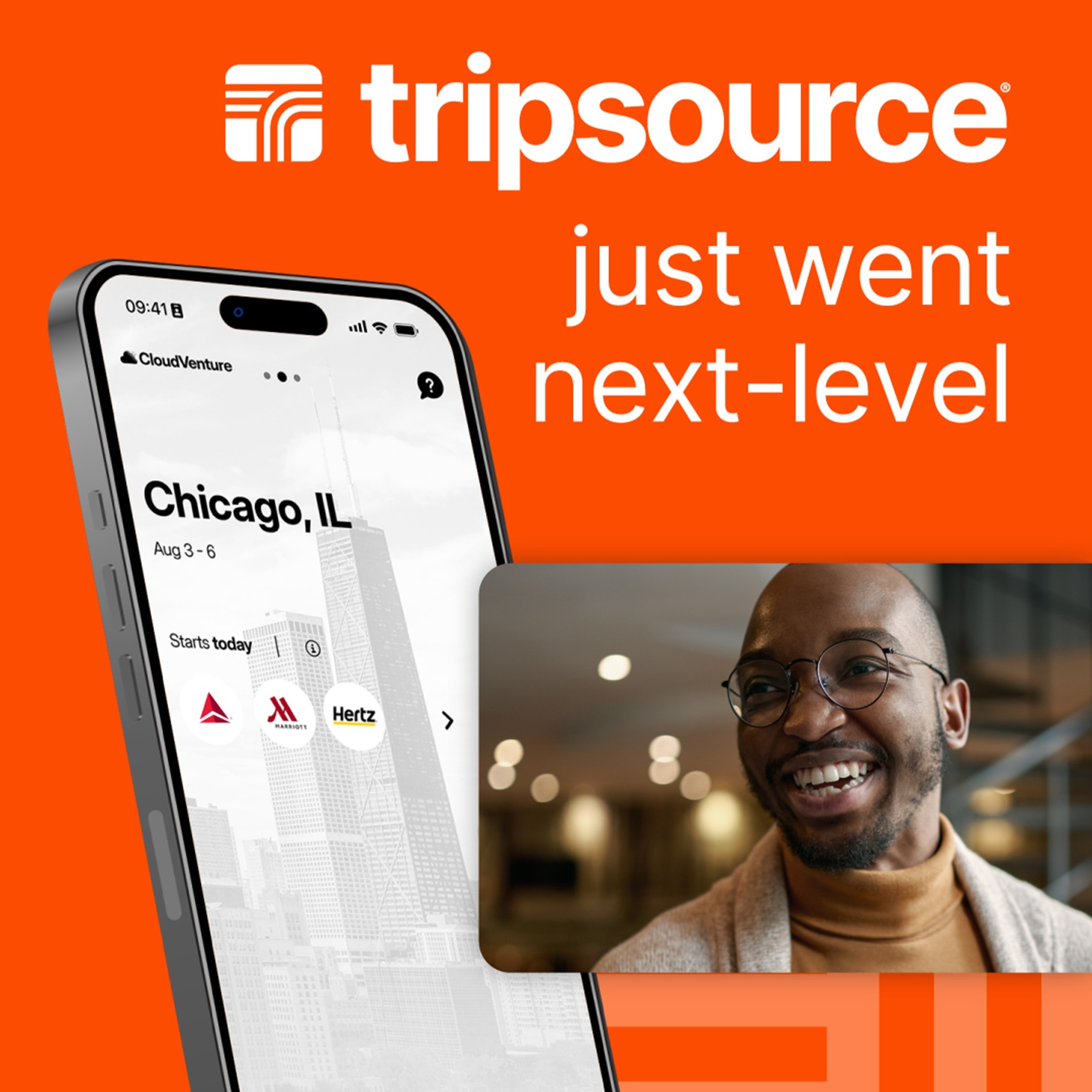 TripSource app promo with Chicago trip details