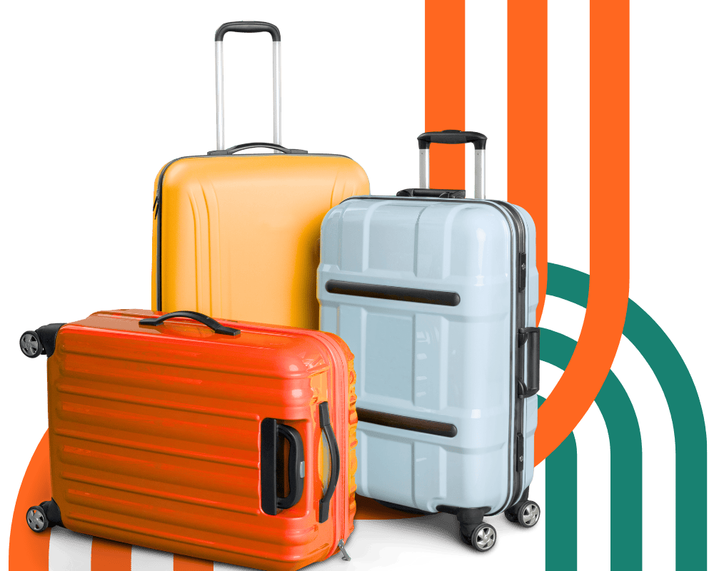 Three colorful suitcases with striped background