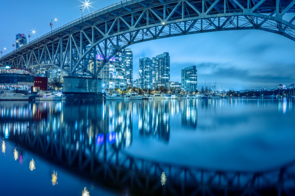 City skyline under illuminated bridge at night.
