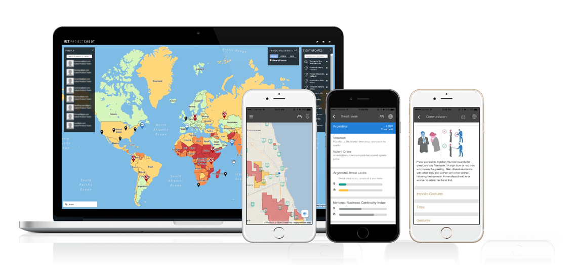 Laptop and smartphones displaying global risk map app