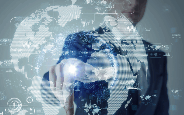 Person interacting with virtual global map interface