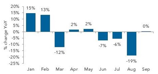 Year-over-year percentage changes bar graph by month.