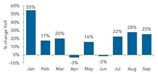 Year-over-year percentage change bar chart by month