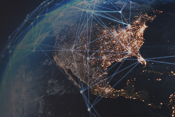 North America at night with glowing global network connections