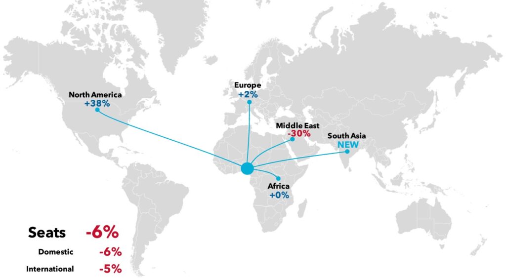Global seat changes by region on a world map.