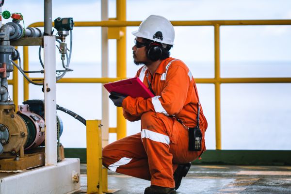 Industrial worker inspecting pipeline equipment with clipboard