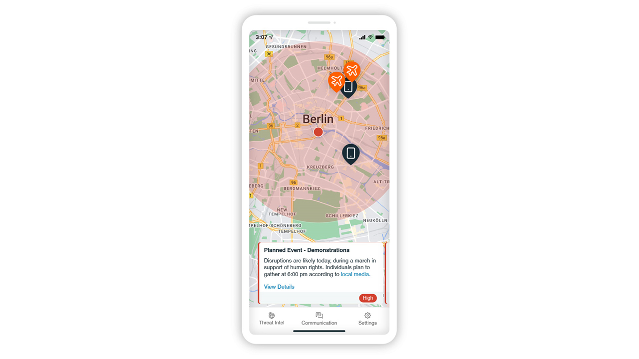Smartphone displaying Berlin map with protest alert