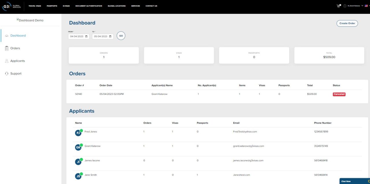 Travel visa services dashboard with orders and applicants