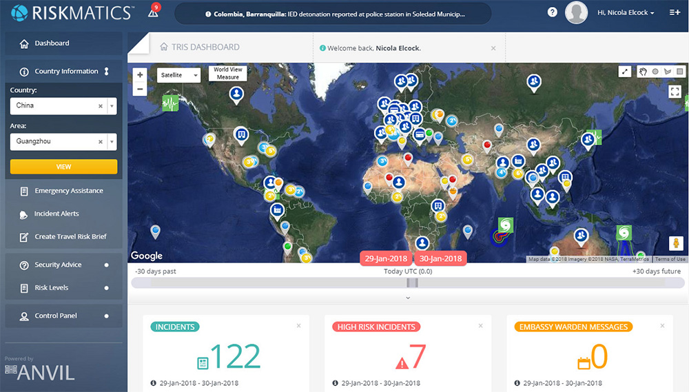 Global risk management dashboard with incident map